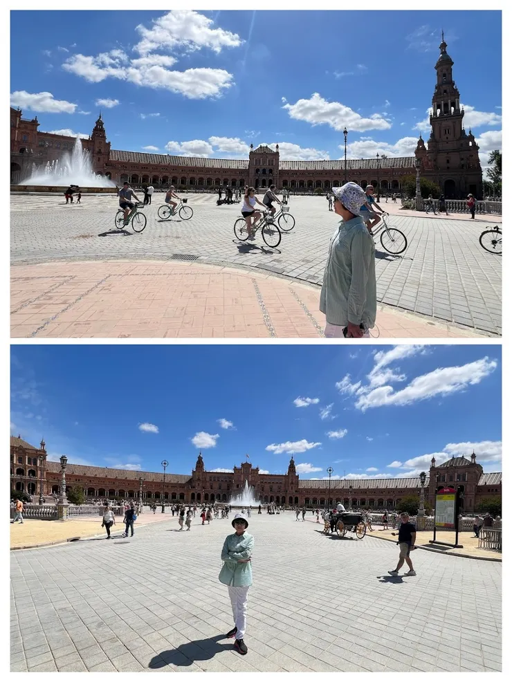 廣場有人散步有人騎自行車， 還有馬車但馬排遺未適當處理。