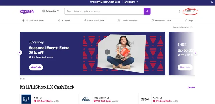 2022年11月Rakuten個人帳號截圖,可看到累積至目前獲得的現金回饋為$359美金/作者提供