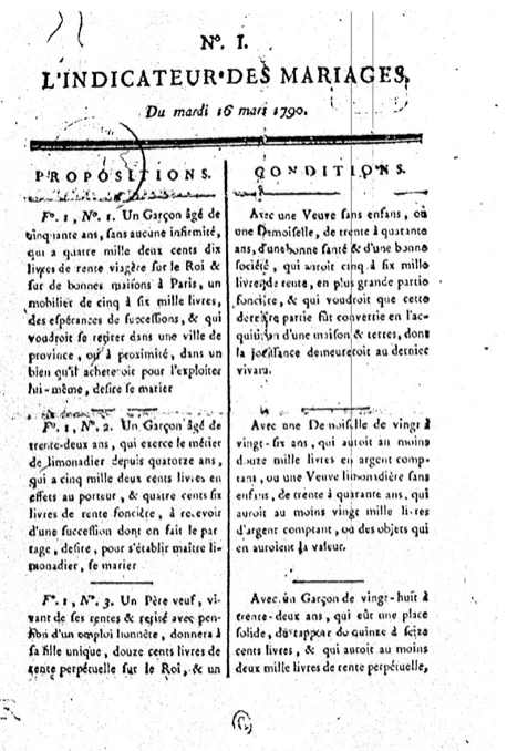 1790&nbsp;年3月16日《婚姻指引》刊登欲婚配者的自我簡介及擇偶條件。