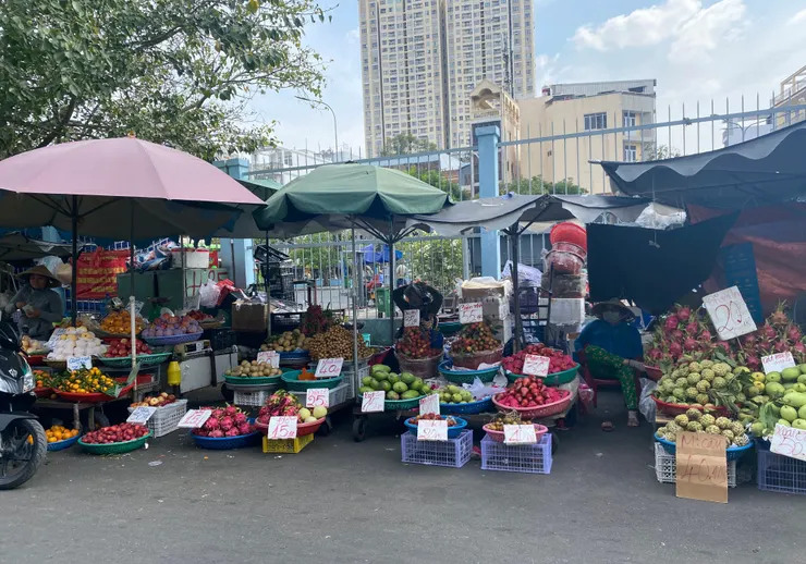 市場裡頭大家就這樣放著賣，附近是年貨大街，紅色和黃色的裝飾是華人過春節用的，越南人是用綠色的裝飾。