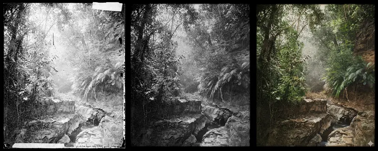 從左至右:《Lalung, Formosa (Taiwan)》原圖|我用 Photoshop 手工修復|Gemini 上色