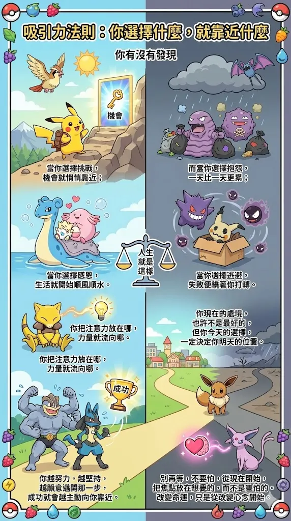 幫我畫成一個資訊圖, 以神奇寶貝人物呈現, 解說 吸引力法則:你選擇什麼,就靠近什麼 , 內文以精準繁體中文呈現, 比例9:16