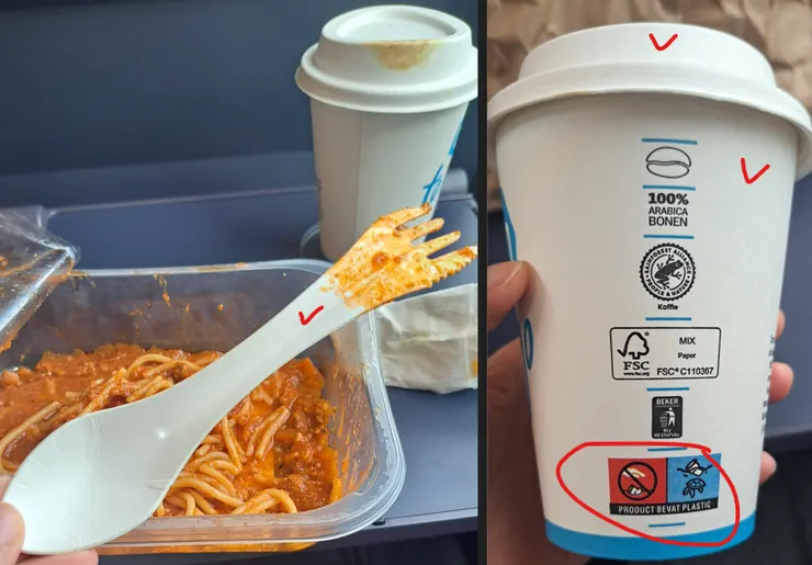 在荷蘭超市買的晚餐 已經是紙塑咖啡杯和.餐具都是紙的..去塑超棒也很好用 
