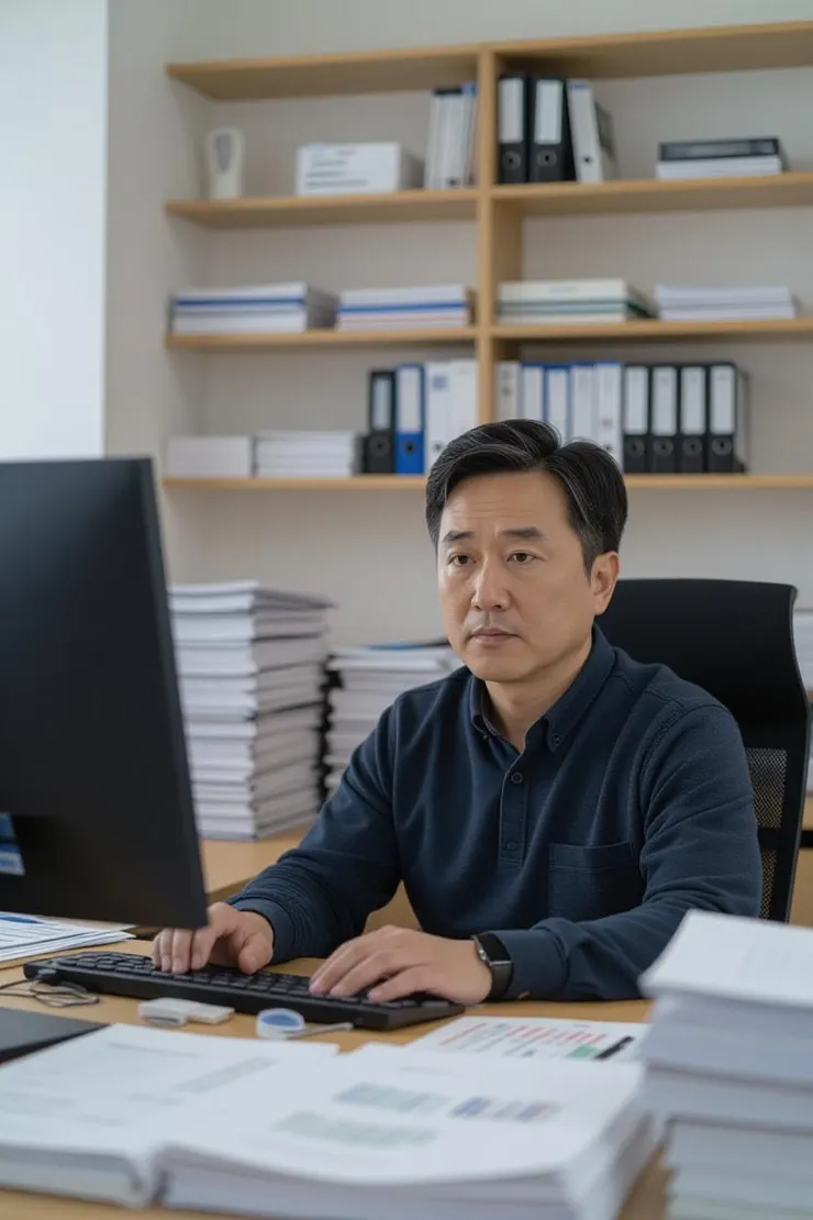 員工假裝忙碌,桌上堆滿文件與表格,神情焦慮。
