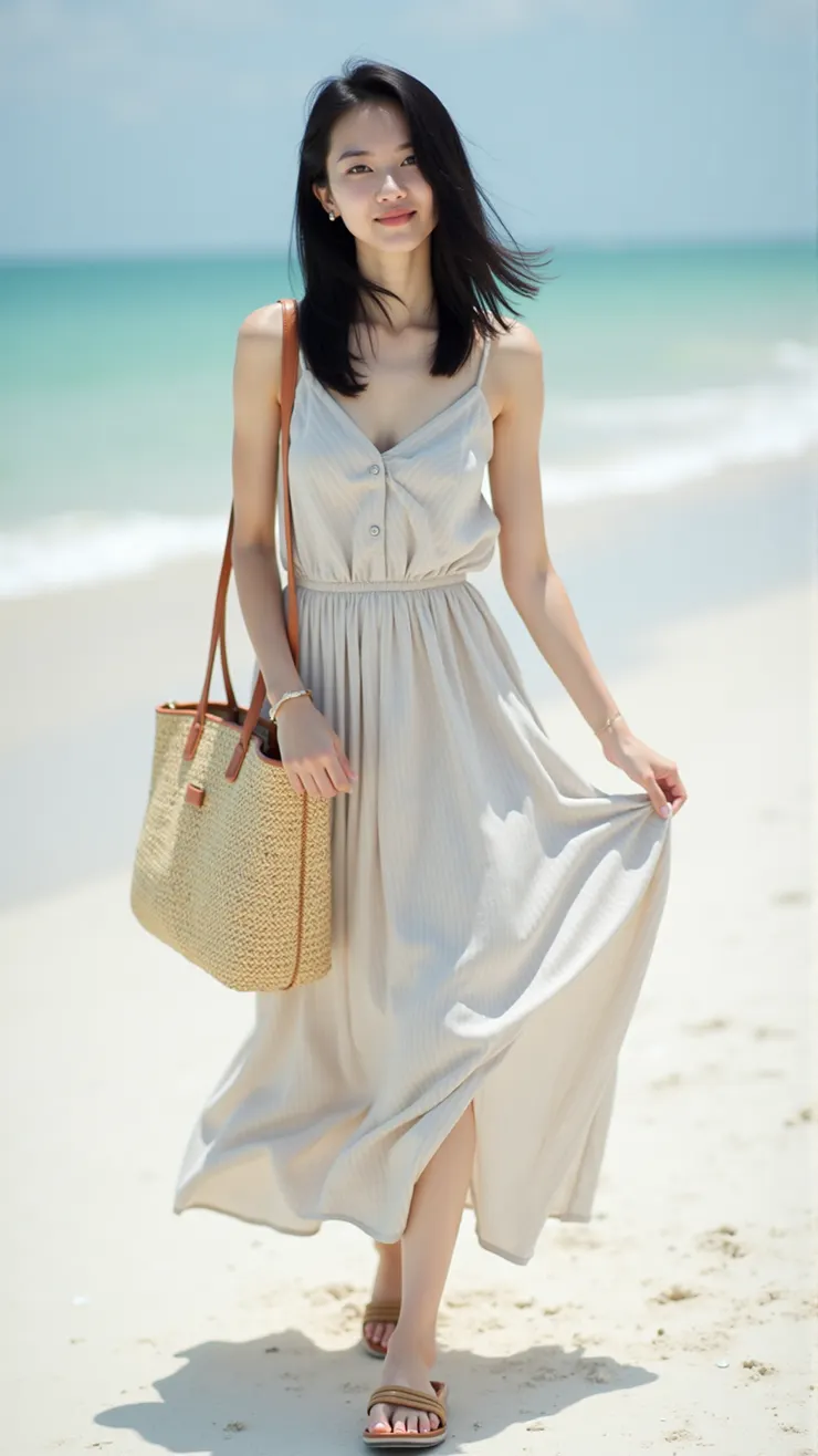 Sleeveless midi dress, beach tote, flat sandals( 無袖中長洋裝，沙灘包，平底涼鞋 )
