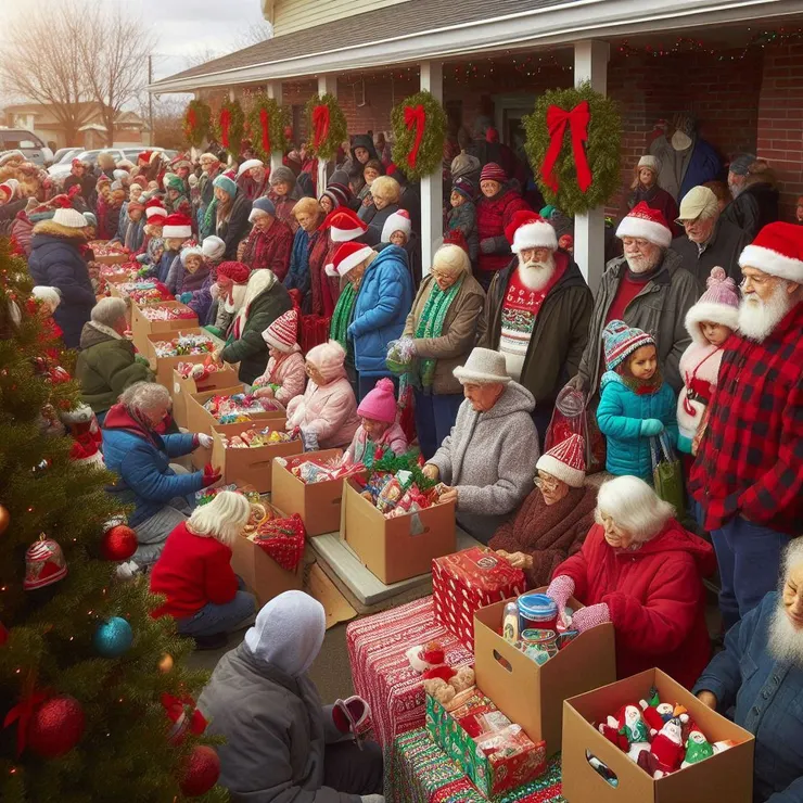 copilot。幫我畫張圖：社區活動排隊領節日紀念品