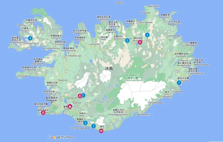 藍色編號1-7為瀑布編號,對應冰島之水(上)及(中);紫紅色為本篇五個景點之位置,西南部三個景點,北部南部各一。