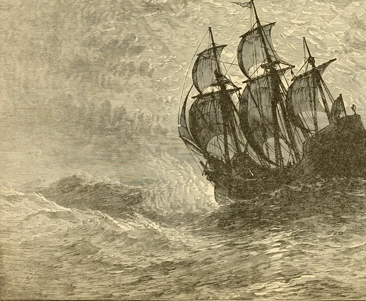 Mayflower at sea, drawing from a book, c. 1893