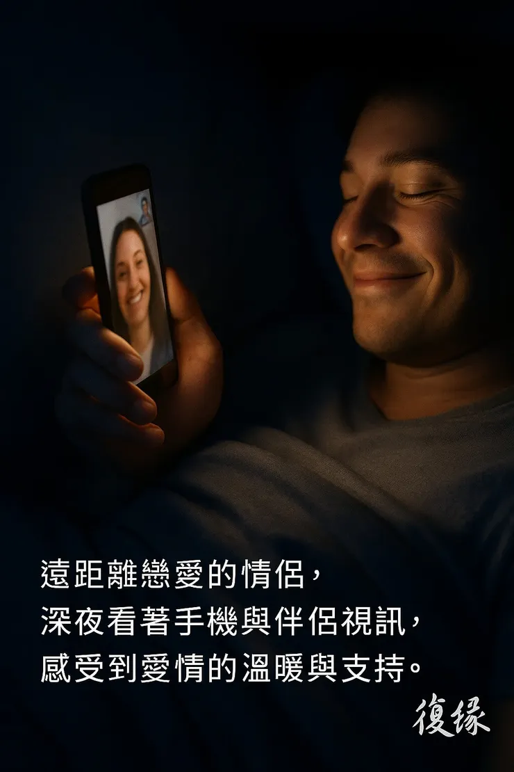 「一位正在進行遠距離戀愛的人，深夜看著手機與伴侶視訊，感受到愛情的溫暖與支持。」