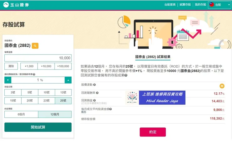 玉山證券的定期定額試算，可回測6個月和12個月的投報率