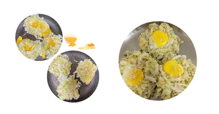 (左) 當蛋黃不小心破掉時，阿喔...(毀容得蛋黃但還是好吃!)；(右)飽飽滿滿蛋黃+高麗菜絕配得啦!