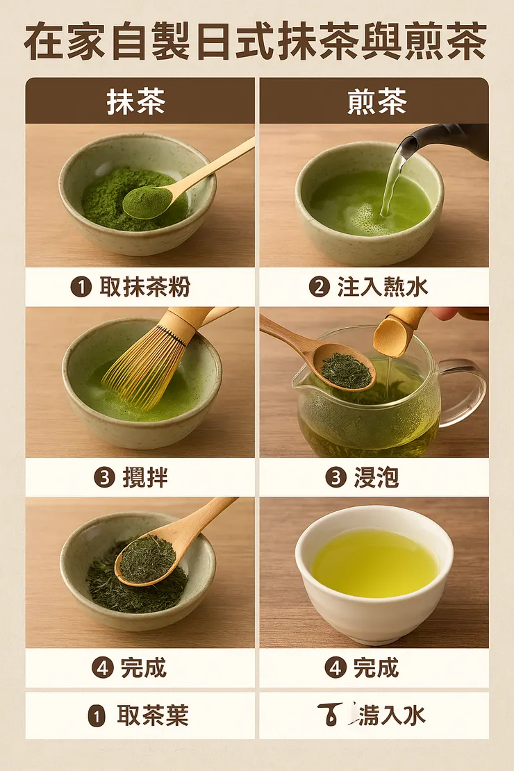 在家自製日式抹茶與煎茶的流程圖