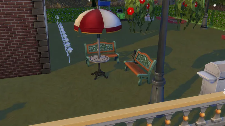 不知為什麼建大宅我總要建個悠閒區域，能坐在戶外、辦燒烤大會。其實我本人不喜歡，連小人也沒特意出來坐過。