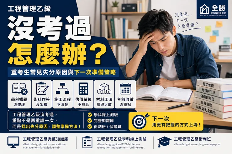 工程管理乙級沒考過，重點不是再重讀一次，而是找出學科錯題、術科作答、施工流程與估價單位的失分原因，調整下一次準備策略。