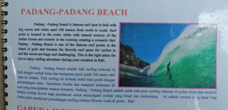 Jaya車上關於PADANG-PADANG BEACH的介紹，似乎是衝浪點。