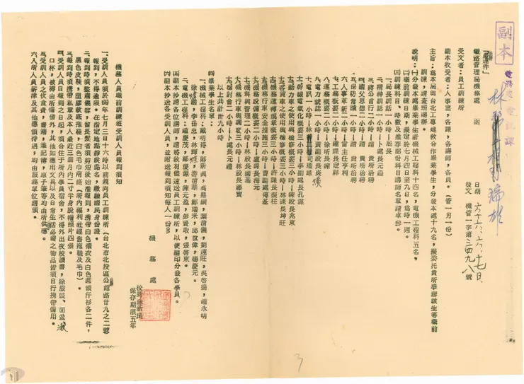 圖4 建教合作19名畢業生職前訓練 案名：員工調動及職前訓練 檔號：0066/011/001 來源機關：交通部臺灣鐵路管理局 管有機關：國家發展委員會檔案管理局