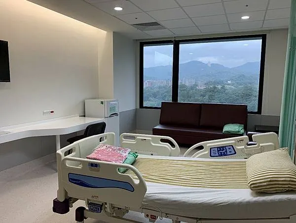 單人病房有很大的窗戶，後面直接面國道（不會吵）和山，視野光線很好，躺在病床上可以看到風景，看著心情很好；房間內有小冰箱，陪產者的床就是靠窗的沙發，靠墊可以移開，算是很寬，可以翻身。