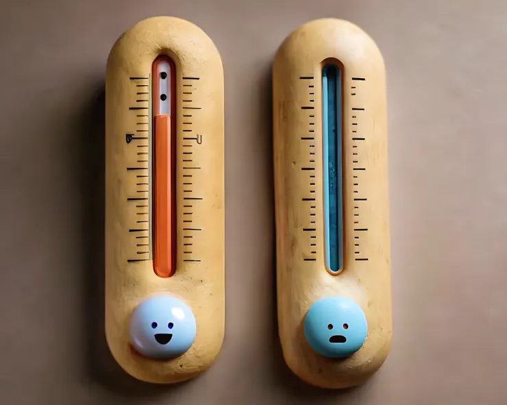 AI繪圖-Recraft：Two identical mood thermometers side by side against a clean, uncluttered background. The thermometer on the left displays blue at the bottom, indicating low temperatures and a sad face icon, representing melancholy emotions. The thermometer on the right displays bright yellow at the top, indicating high temperatures and a smiling face icon, representing happy emotions. The design is simple and uncluttered to keep the viewer's focus on the contrasting emotional states represented by the two thermometers.調整解析度-Artguru
