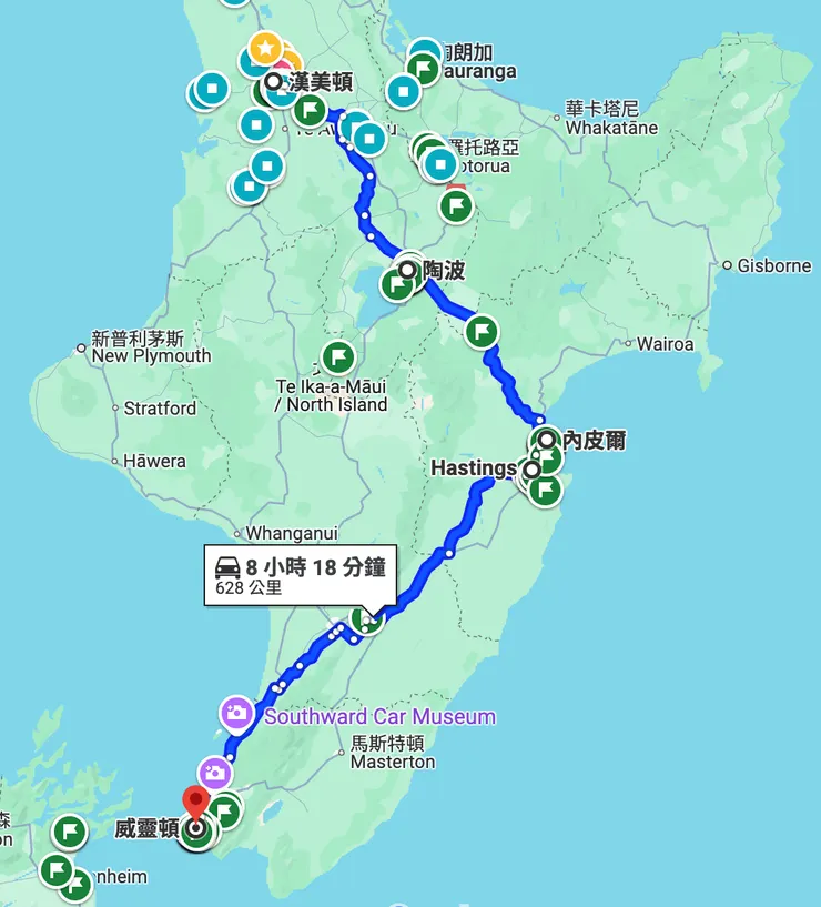 從Hamilton出發到威靈頓的路線