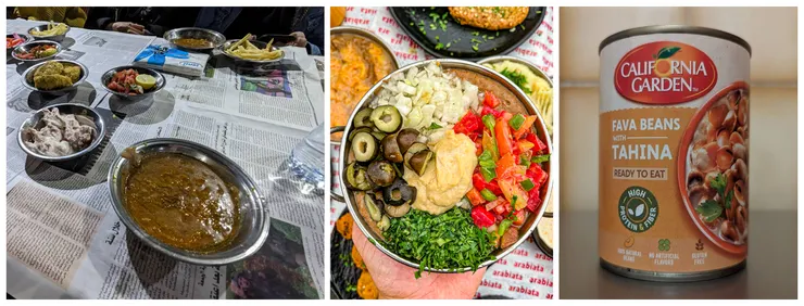 單純的Foul、有豐富配料的亞歷山大foul(圖片來源:Arabiata餐廳臉書)、及方便的罐頭foul