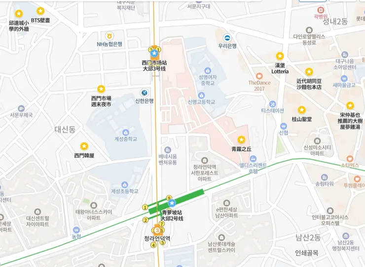 從韓屋走路到西門市場3-5分鐘即可到達