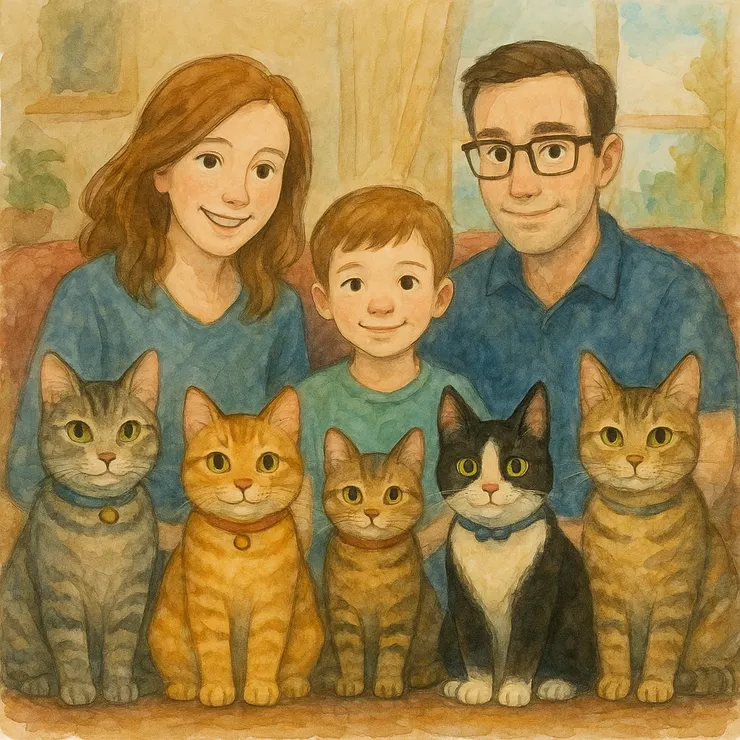 水彩畫風格以透明、層疊的筆觸營造出柔和氛圍與自然光感，畫面輕盈通透。 色彩多以淡雅漸層呈現，邊界柔化、留白恰到好處，富有詩意與流動感。 人物與動物表情細膩，背景融入環境色彩，整體散發溫暖、親切且富情感的視覺美感。