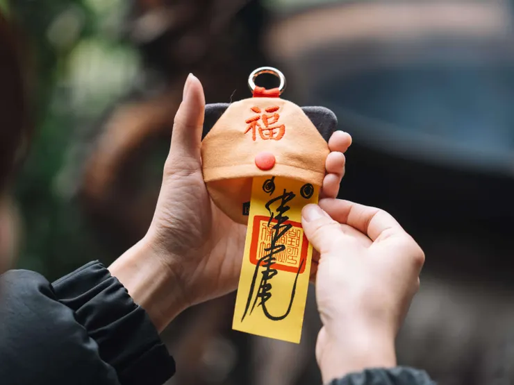 圖說：毛孩平安符皆為新竹都城隍廟虎爺加持，採用可拆洗布料，可掛在寵物的包包、推車，也可釦在胸背上。（資料來源：倍力寵物健康食品）