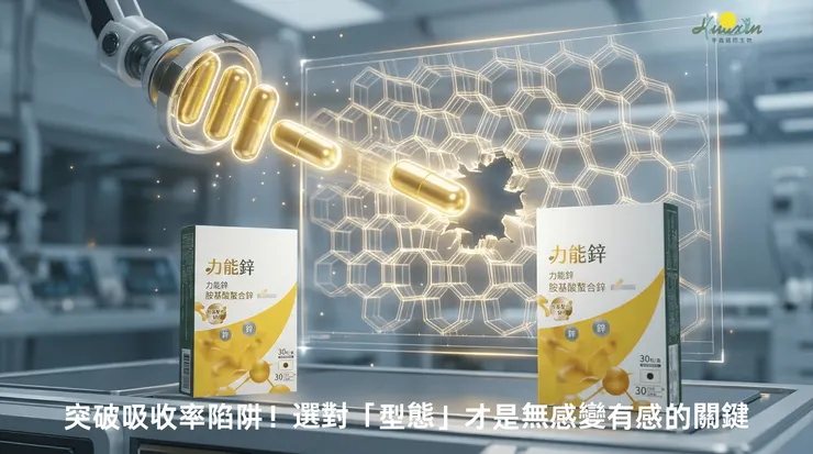 市面常見的鋅來源如氧化鋅、硫酸鋅，吸收率較低（約 20%），且容易刺激腸胃。這導致許多人吃了沒感覺，甚至感到反胃或不適。真正有效的補充，關鍵在於「吸收率」與「利用率」的加乘效果