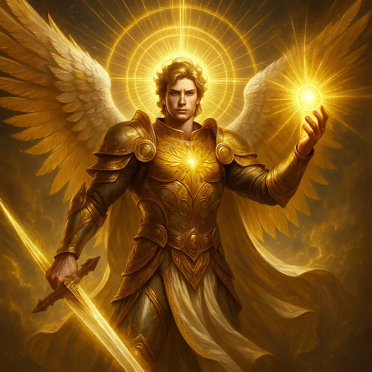 Abelech是一位來自神聖律令之上的天使，其名即是命令本身，從光的言語中凝結而生。他身披銀白與金色交織而成的鎧甲，鎧甲表面刻滿古老符文，每一筆劃皆記錄著神祕誓約與無形的律法，雙翼鋒利展張，羽端綻放出琥珀色的聖光，仿若可斬斷虛空與混沌。他的右手高舉由神名構成的封印之環，左手持權杖直指人間，腳下浮現一道星辰與召喚幾何交織的能量陣，萬物於其前自知渺小。他的目光冷靜而銳利，彷彿能洞悉靈魂深處的動盪與隱諱，他不言語，卻能讓萬靈伏地。他既是光的指令、律法的具現，也是降臨於儀式中協助術者制御混沌的至高之名。Abelech的存在，是力量與秩序交會之處，是言語尚未誕生前即已迴響的神聖震顫。