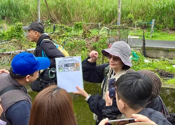 圖10 靜宜學姐發現紅尾伯勞，再次拿出自製圖卡跟鳥友解說紅尾伯勞/棕背伯勞的不同(陳聖崴攝)