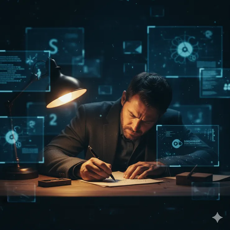 一個具有電影感的特寫鏡頭，比例為 16:9。畫面中，一個孤獨而堅定的人物伏在一張質樸的木桌前，象徵著傳播核心信念的奮鬥。人物的臉龐被一盞溫暖的金色檯燈照亮，光線集中而銳利地勾勒出他專注的表情，凸顯了深刻的信念。