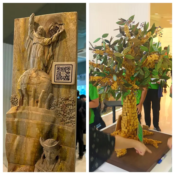 左：各國特色木雕、右：可以在樹葉上簽名