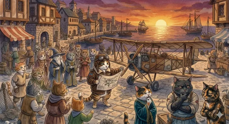 飛行貓王子降落在港口小鎮,大家都對飛行器很好奇,但好像也有貓不以為然?
