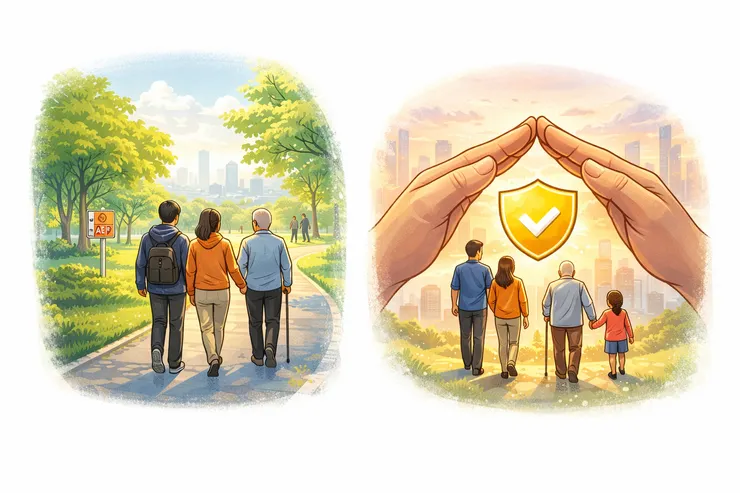 ChatGPT。散步+大家平安，兩個概念，概念圖