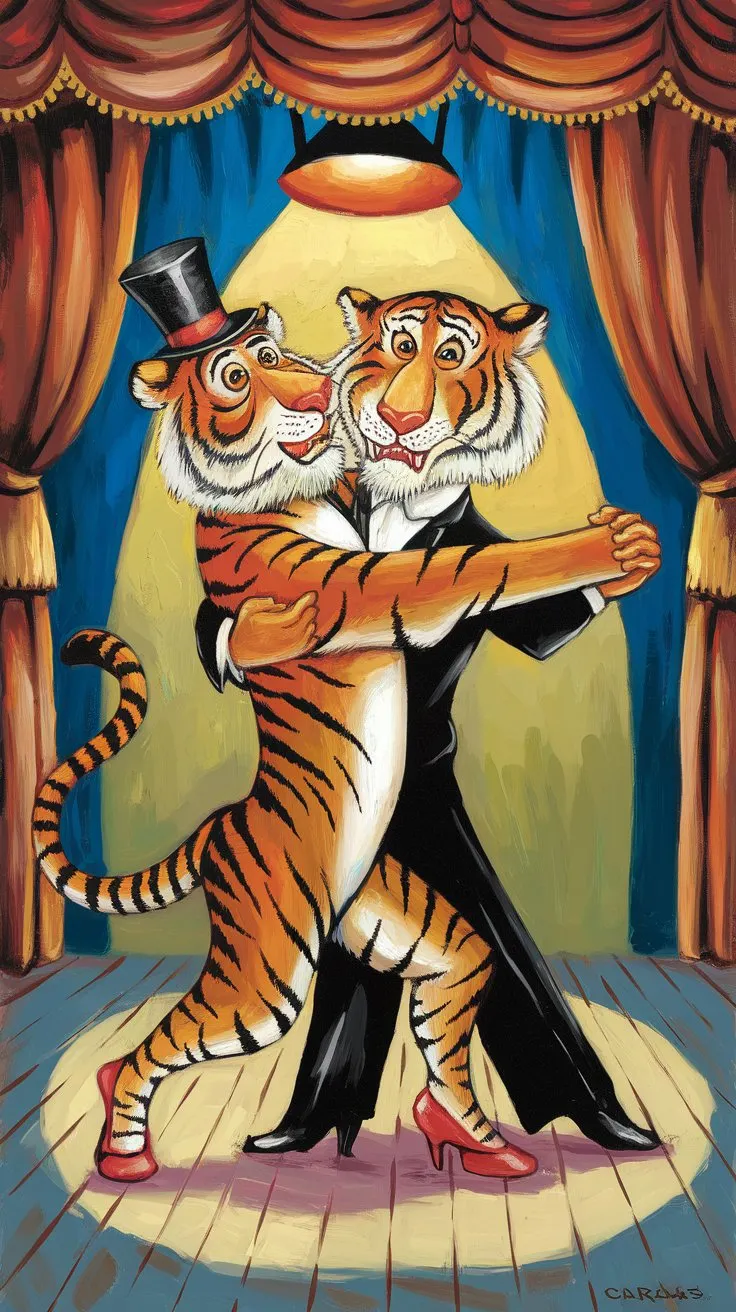 A humorous oil painting of two tigers attempting to tango, one tiger wearing a tiny top hat, the other struggling with high heels