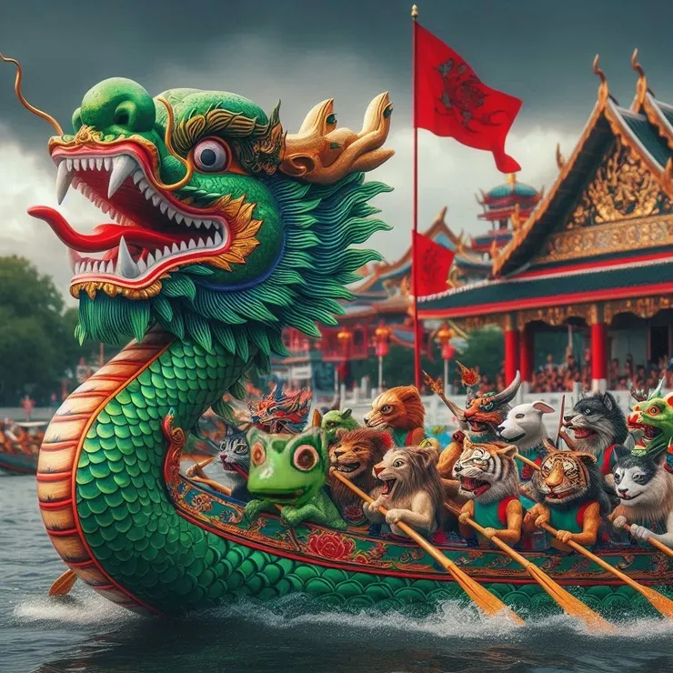 很明顯被貓綁架來划龍舟，牠們不敢當搴旗手，呱呱呱，蠢貓不會游泳