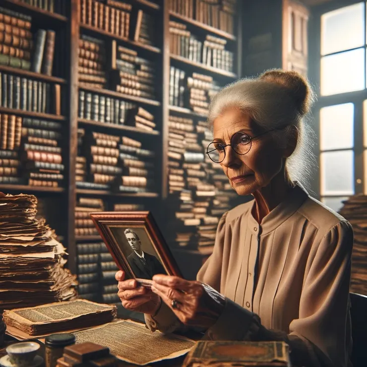 She adjusted her glasses, her gray eyes flickering with curiosity as she leaned closer to inspect the photograph more closely. 