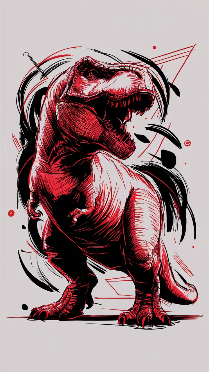 A striking and bold 2D sketch in black and red captures the essence of a thoughtful T-Rex in its iconic roaring pose. The dinosaur's expression masterfully conveys a blend of anger and joy, revealing its emotional depth. The intricate abstract elements, such as flowing lines and geometric shapes, add complexity and dynamism to the composition. The T-Rex stands out vividly against a white background, its vibrant red color drawing the viewer's attention to its exuberant state.