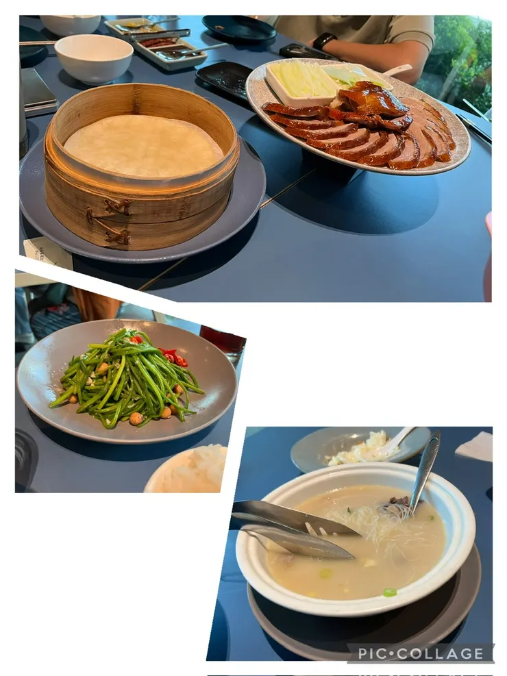 片皮鴨、樹子水蓮、鴨架芋頭米粉湯。