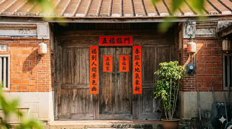 Prompt:生成一張有上聯、下聯、橫批的台灣三合院門口