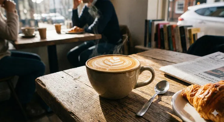 A cup of latte coffee on a table.