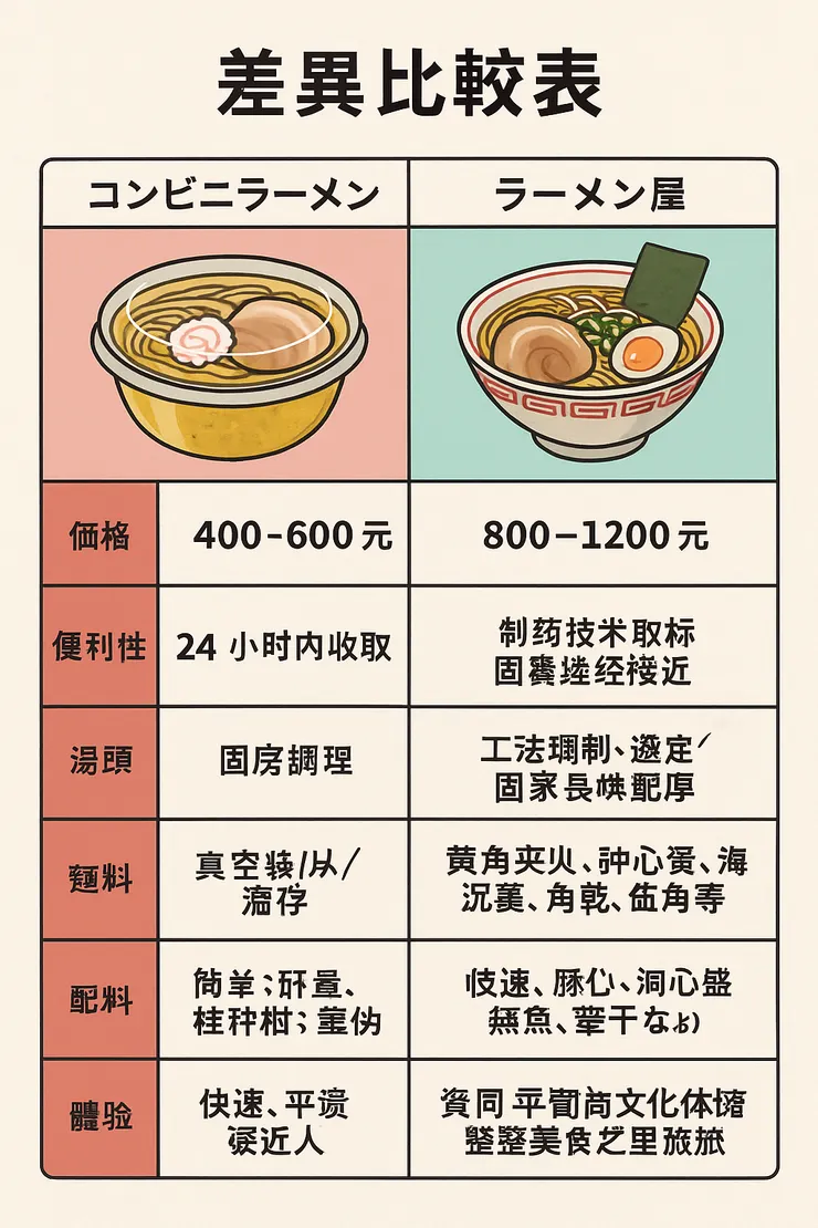 便利商店拉麵與拉麵店的拉麵_比較表
