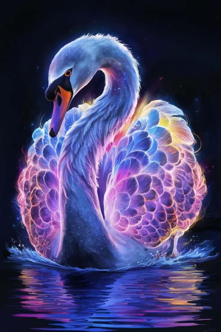 A mesmerizing, bioluminescent illustration of a majestic swan. The swan's vibrant colors range from purples and blues to pinks and yellows, creating an ethereal, otherworldly effect. The bird's head is painted in a stark white, with a sharp black beak and striking orange eyes. The background is a dark, deep blue, providing a striking contrast that highlights the swan's luminescent feathers. Its reflection on the water below adds a sense of depth and tranquility to the scene. This captivating artwork showcases the power of nature and the beauty of the animal kingdom.