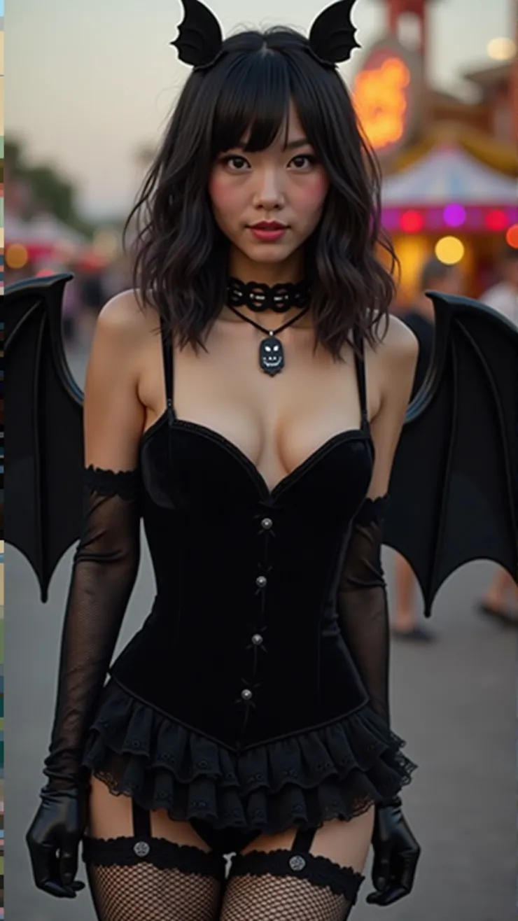Black velvet corset, fishnet stockings, lace gloves, bat wings, choker necklace, The background is an amusement park celebrating Halloween.