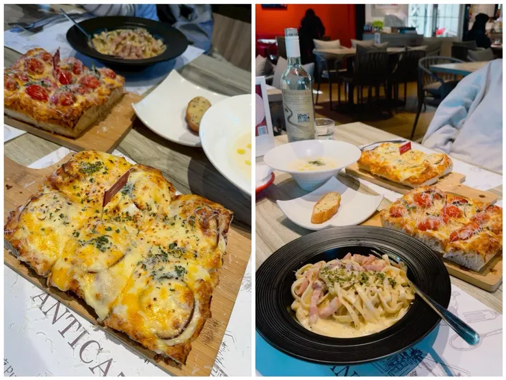 左邊應該是松露起司披薩，是方形的很特別！右邊的是義式經典培根蛋黃義大利麵，濃郁好吃。