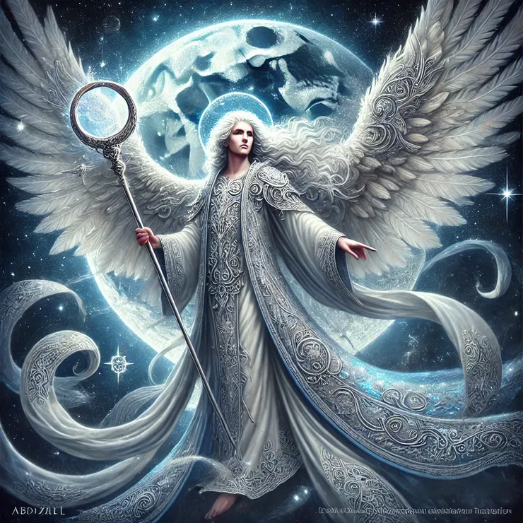 他是卡巴拉傳統中掌管月亮 28 宿之一的天使。畫面呈現他身披銀藍色流動長袍，象徵與月亮的神秘連結。他的羽翼閃耀著月光，手持一根華麗的新月形權杖，代表著他對月相變化的指引。背景是一片繁星點綴的夜空，一輪明亮的滿月照耀著整個畫面，營造出神秘且神聖的宇宙氛圍