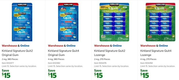 戒菸專用口香糖(前兩個,不同處在劑量)$44.99、戒菸專用薄荷糖(後兩個,不同處在劑量)$47.99。