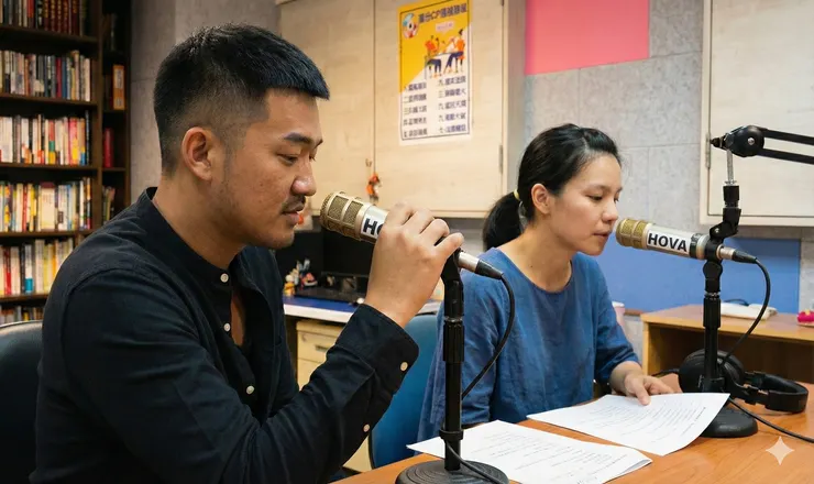 兩位專業配音員在金鐘團隊HOVA錄音室進行有聲格式配音