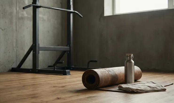 角落的訓練墊、水壺與毛巾，單槓在背景中靜靜佇立，象徵中年轉型後，學會在節奏放慢中重新站穩