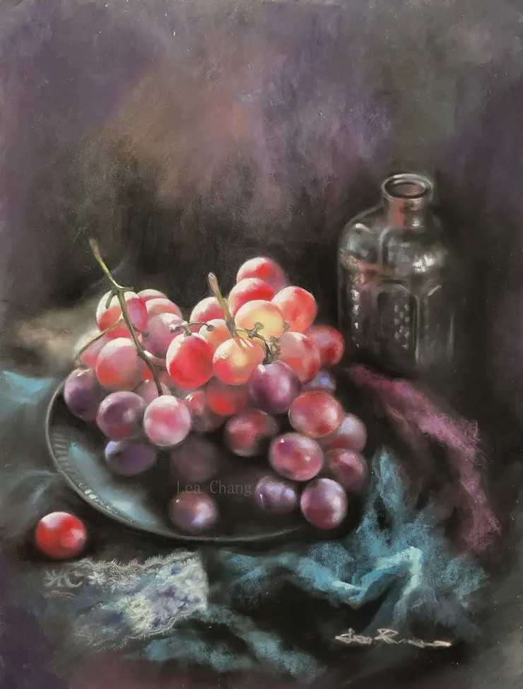 葡萄與瓶子 (媒材:粉彩)